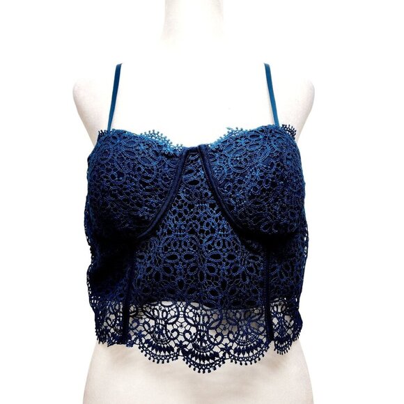Iris Navy Blue Crochet Lace Crop Top  Adjustable Straps Scalloped Hem Size L - Picture 1 of 8